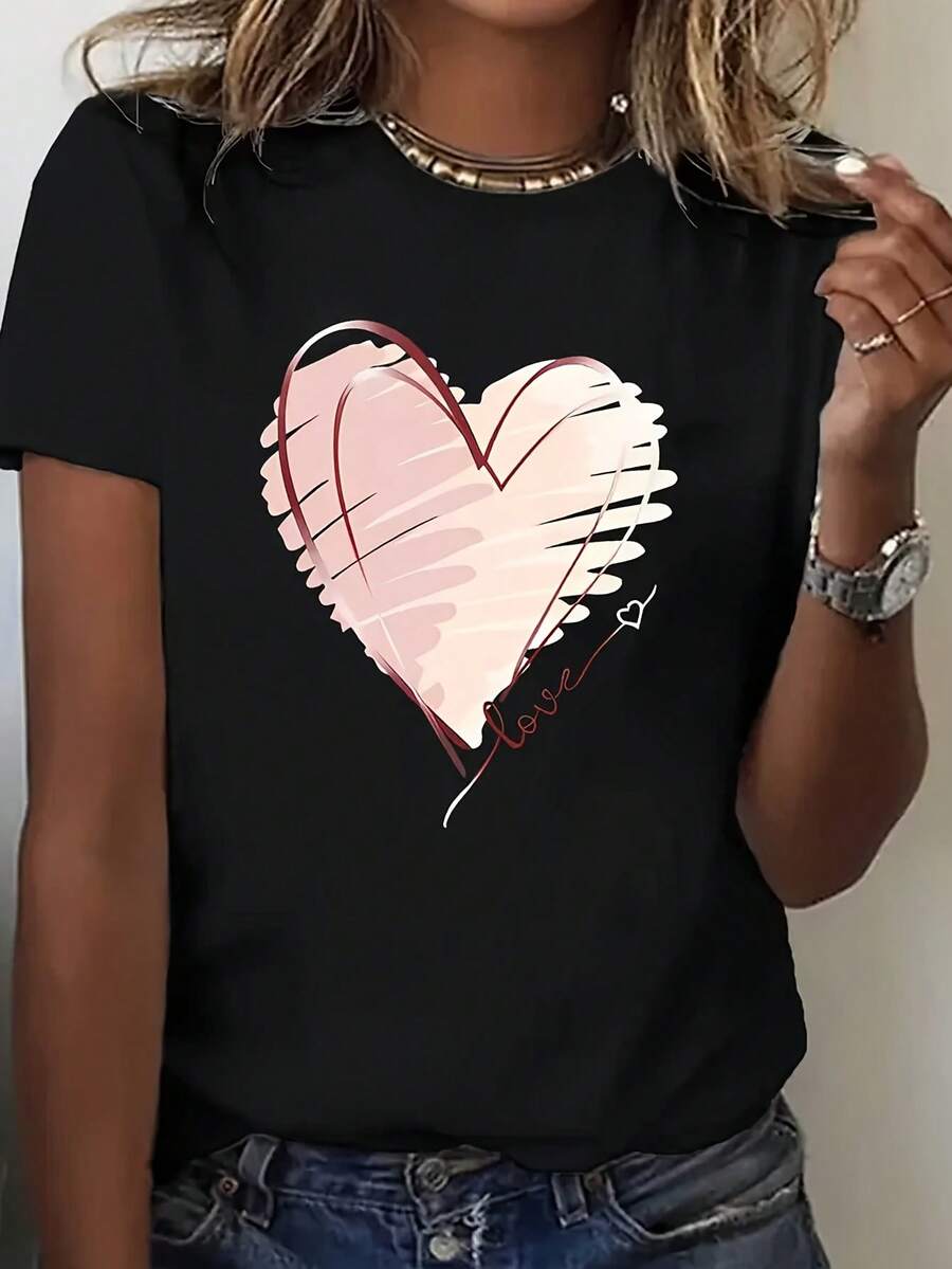 Nueva Camiseta de Moda para Mujer con Cuello Redondo, Diseño Versátil para el Día de San Valentín con Estampado de Corazón, Manga Corta, Estilo Casual, Ropa de Mujer para el Verano. - Negro - Ver 1