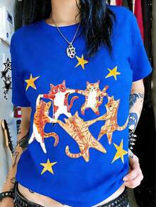 Mexican Basic Summer T-Shirt, Y2K Style, New Hip-Hop With Dancing Cat And Star Print, Unisex Retro T-Shirt, Cool, Versatile, Comfortable And Loose Fit, Short Sleeve Summer T-Shirt 2P7U-Vintage Street Style Unisex Loose Cotton Short Sleeve Crew Neck T-Shirt New Launch - 藍色 - 查看 2