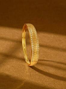 1/2/3pcs Fashion Classic Hollow Copper Coin Double Row Zirconia 18K Gold Plated Bracelet, 60mm Diameter Open Cuff Bracelet, Brings Good Luck And Health, Suitable For Women's Daily Wear, No Packaging Box - Yellow Gold - View 10