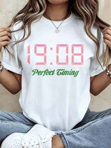Women's T-Shirt With Perfect Timing Digital Clock Print, Perfect Timing Clock, Short Sleeve, Round Neck, Casual - 白色 - 查看 6