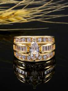 Ensemble de bagues de luxe pour femmes en or, bague de déclaration avec zircone cubique taille marquise, bagues de mariage et de fiançailles à plusieurs rangs, bijoux de mariée en cadeau - Doré - Voir 3