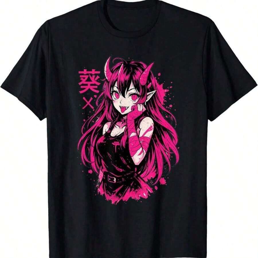 1 Piece Short Sleeve T-Shirt With Pastel Anime Cat Girl Print, Round Neck, Casual Style, Plus Size, Business Casual Wear, Cute Character Design, Y2K Inspired, Regular Fit, Suitable For All Seasons, Tumble Dry, 180g, 100% Cotton. | Exquisite Design | Loose And Comfortable | Easy To Match | - 4 - 查看 1