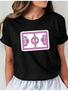 Camiseta Deportiva Casual para Mujer de Cuello Redondo Negra con Diseño Abstracto - Camiseta Elástica Lavable aáquina, Ajuste Cómodo, Perfecta para Todas las Estaciones, Combinada con Pantalones de Sudadera Gris Claro. - Negro - Ver 1