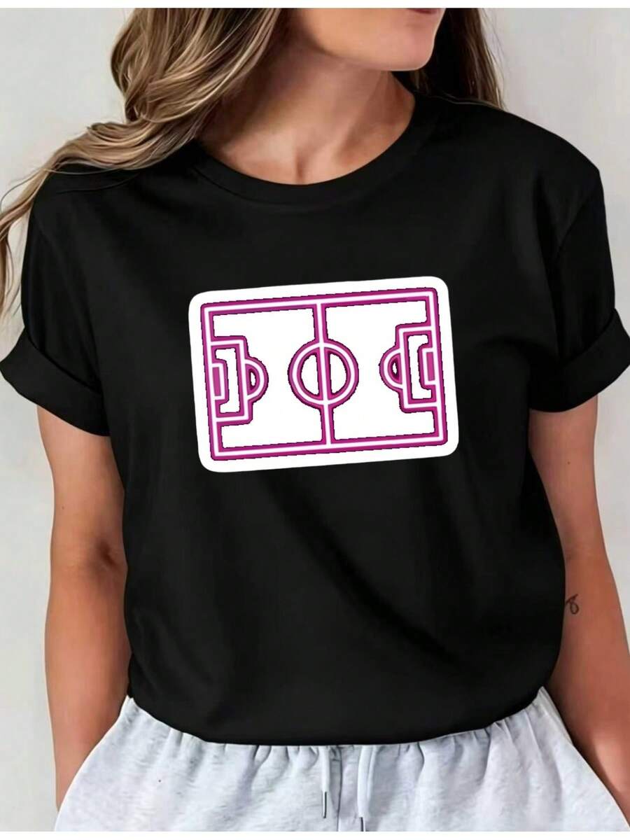 Camiseta Deportiva Casual para Mujer de Cuello Redondo Negra con Diseño Abstracto - Camiseta Elástica Lavable aáquina, Ajuste Cómodo, Perfecta para Todas las Estaciones, Combinada con Pantalones de Sudadera Gris Claro. - Negro - Ver 1