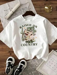 Camiseta de Mujer 2026, Corte Holgado Casual, Opciones en Blanco y Negro, Estampado Floral de Cactus y Dinero Estilo Country de los 90, Camisetas de Verano para Uso Diario, Tops de Verano, Camisetas Gráficas, Conjuntos de Verano, Camisetas Cortas para Mujer, Blusas para Mujer Casuales, Ropa Linda de Algodón Vintage para Mujer - Blanco - Ver 3