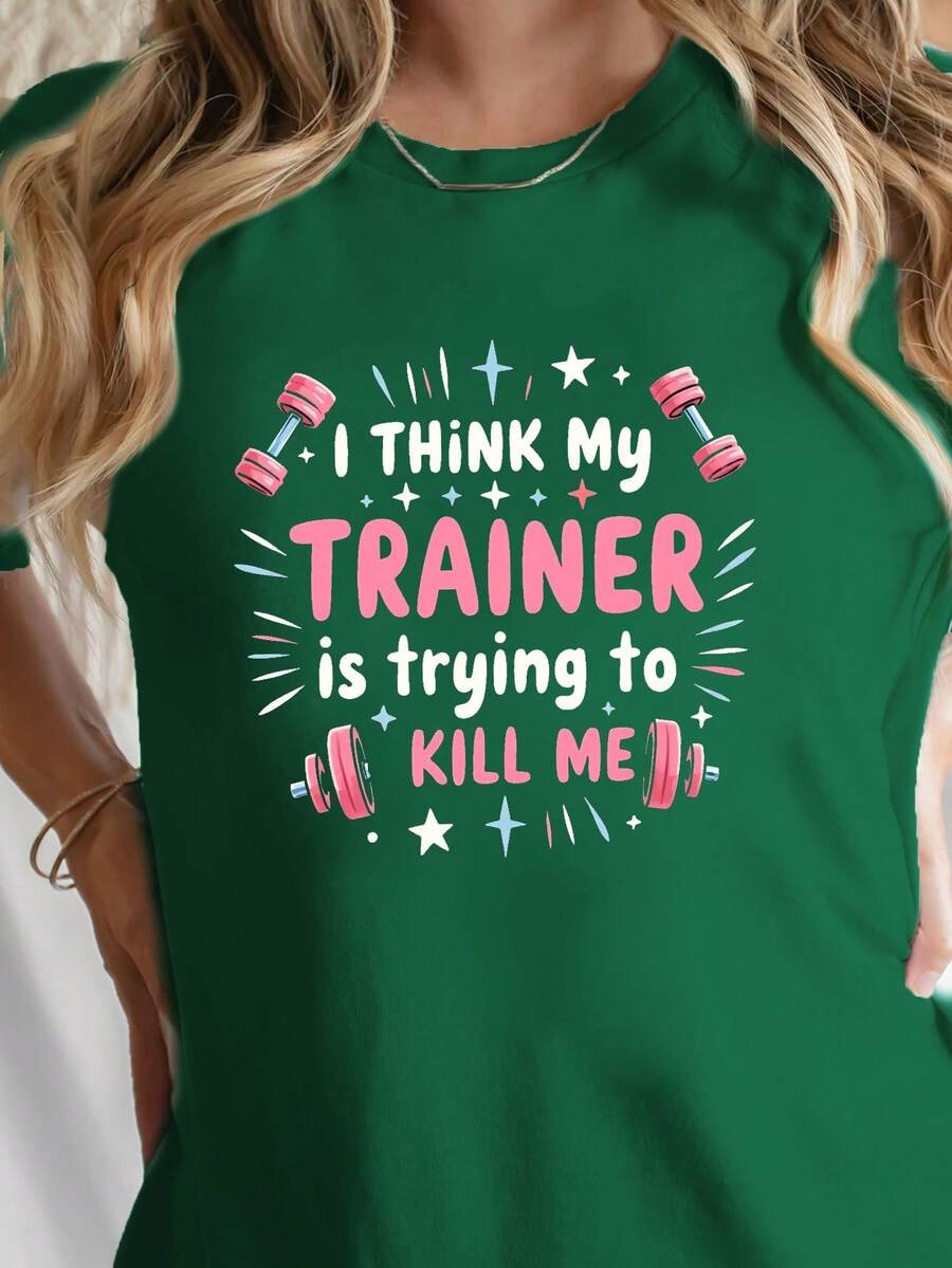 Camiseta casual de manga corta y cuello redondo con diseño estampado, perfecta para primavera y verano, exclusiva para mujeres. - Verde - Ver 1