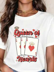 100% Cotton, Women's T-Shirt With Playing Card Print "Queen Of Hearts", Casual Summer T-Shirt For Women, Ideal For Parties And Everyday Wear. - 白色 - 查看 1