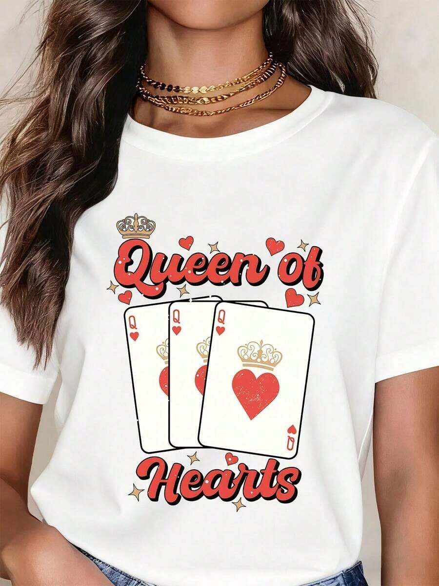 100% Cotton, Women's T-Shirt With Playing Card Print "Queen Of Hearts", Casual Summer T-Shirt For Women, Ideal For Parties And Everyday Wear. - 白色 - 查看 1