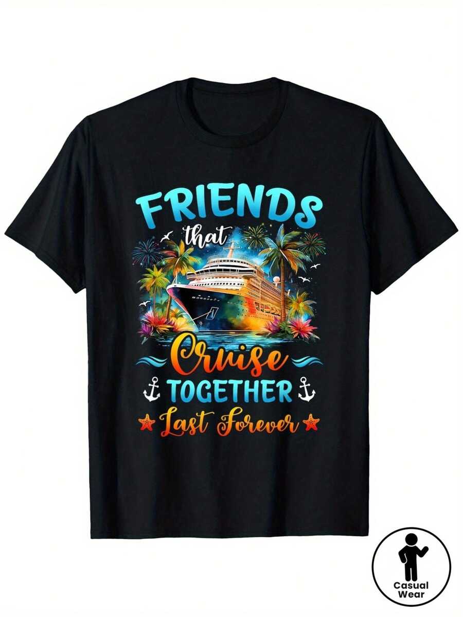 Amigos en una salida juntos, amigos para siempre - Camiseta Cruise Outing - Diseño de crucero y vacaciones tropicales, con compañías de cruceros (Royal Caribbean, Norwegian, Princess) - Camiseta casual 100% unisex, tallas S-XXXL. - Negro - Ver 1