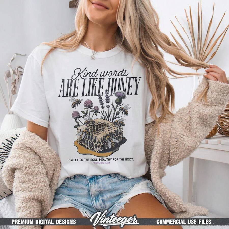 Diseño digital religioso retro - Gráfico imprimible basado en la fe - Las palabras amables son como miel - Archivo de impresión de camiseta vintage con abeja - Blanco - Ver 1