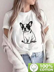 Nueva Camiseta de Moda para Mujer con Cuello Redondo, Tejido Grueso, 1 Pieza, Camiseta con Estampado de Bulldog Francés Sentado en Blanco y Negro, Clásica, de Manga Corta, Cómoda, para Halloween, Acción de Gracias, Navidad, Regalo Casual para Amantes de Mascotas, Tallas S-2XL, Éxito de , Diseño Versátil Listo para el Verano. - Blanco - Ver 8
