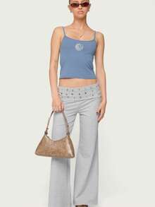Womenacute;s Wide Leg Pants High Waist Folded Studded Waistline Black Loose Casual Pants - Gris - Ver 8