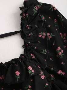 Vestido largo con escote cuadrado, mangas de globo y estampado floral, conjunto de mujer - Azul marino - Ver 6