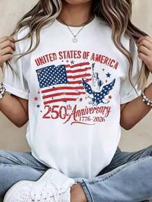 Camiseta Casual para Mujer, 250º Aniversario de los Estados Unidos de América 1776 2026, Estampado Patriótico con Bandera Americana y Águila, Celebración del Día de la Independencia, Top para Festivales de Verano y Días Festivos Nacionales, playeras de mujer - Blanco - Ver 7