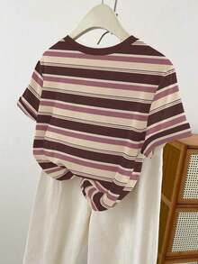 Camiseta de mujer de manga corta con rayas anchas verdes vintage, top casual de cuello redondo para el verano - Multicolor - Ver 2