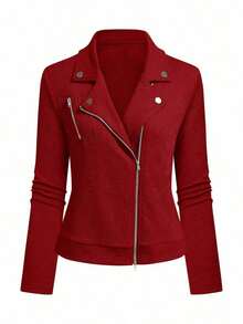 Chaqueta de motorista informal con cuello alto, textura y cierre de cremallera - Rojo - Ver 8