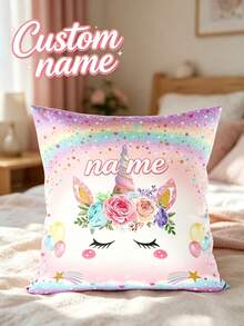 Custom Unicorn Pillow Case 1Pc Watercolor Floral Glitter Star Heart Personalized Name Cushion Cover Soft Polyester Kids Girl Bedroom Sofa Car Decor - Multicolor - View 4
