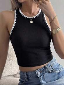 Top corto de tirantes de unicolor casual para mujer - Negro - Ver 8