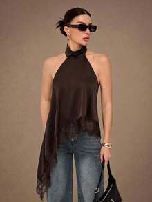 2026 Tall Backless Camisole Top With Elegant Lace Trim, Sexy Patchy Satin Sleeveless Blouse For Parties, Cocktails, Formal Occasions, Christmas, Business Casual - 棕色 - 查看 8