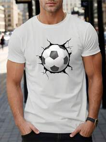 Men's Football Style T-Shirt - Short Sleeve T-Shirt 100% High Density Cotton, Black And White Football Print, Double Stitched Collar And Shoulder Edges - Breathable Casual Style, Suitable For Fans, Training And Daily Wear (Size S - Unisex T-Shirts For Summer Outings) - 白色 - 查看 1