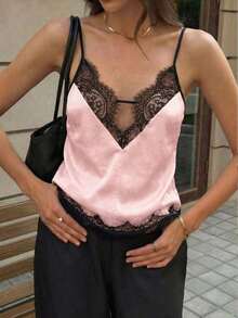 Top de camisola de encaje lujoso| Encaje de contraste + tela suave, sexy y que estiliza la figura para el verano - Rosa - Ver 6