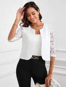 Chaqueta corta elegante de mujer con parches de encaje, frente abierto y mangas 3/4 para primavera y verano, y otoño/invierno - Blanco - Ver 7
