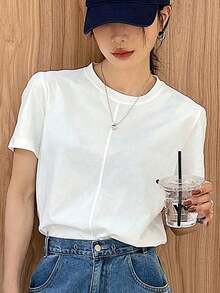 Camiseta de mujer de corte holgado con cuello redondo y manga corta con decoración de rayas de color block - Blanco - Ver 1