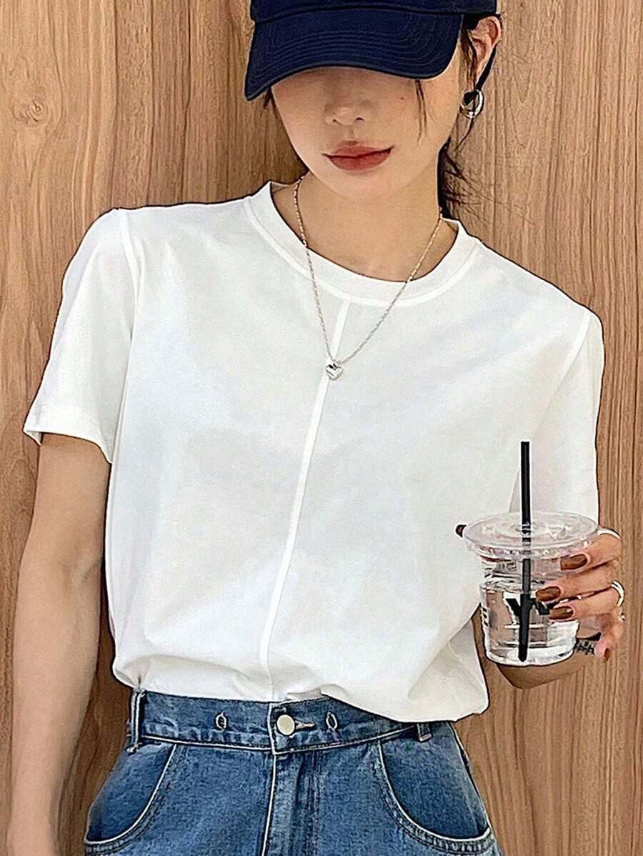 Camiseta de mujer de corte holgado con cuello redondo y manga corta con decoración de rayas de color block - Blanco - Ver 1