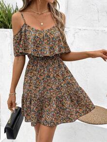 Vestido corto elegante de mujer con escote en V, volantes y cintura con estampado de lunares marrones, para vacaciones, atuendos de verano y vacaciones para mujeres - Multicolor 5 - Ver 1