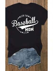 Women's "Baseball Mom" T-Shirt - Double-Sided Print, Mother's Day Gift, Soft Cotton Crew Neck Short Sleeve T-Shirt, Casual Spring And Summer Top Suitable For Daily Wear And Sports Activities, Sporty Print T-Shirt | Comfortable Slim Fit T-Shirt, Baseball Mom Accessories - 黑色 - 查看 2