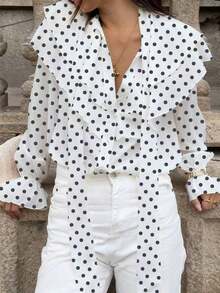 Camisa casual con botones, con volantes, estampado floral diminuto y decoración de perlas, ideal para primavera y vacaciones - Blanco - Ver 2