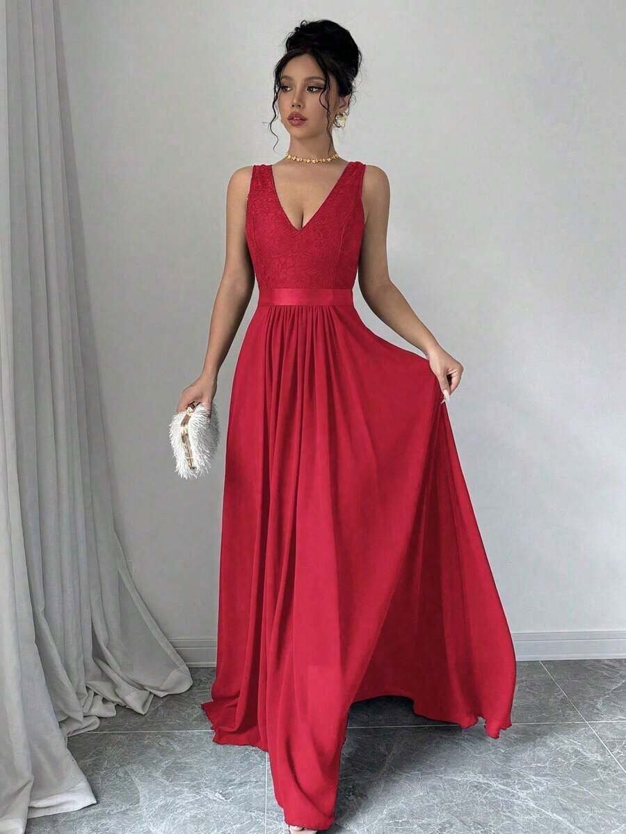 vestido maxi de mujer de color borgoña con cuello en V, sin mangas y plisado - Rojo - Ver 1