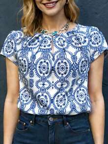 Blusa elegante con estampado de lazo para mujer, verano - Azul - Ver 1