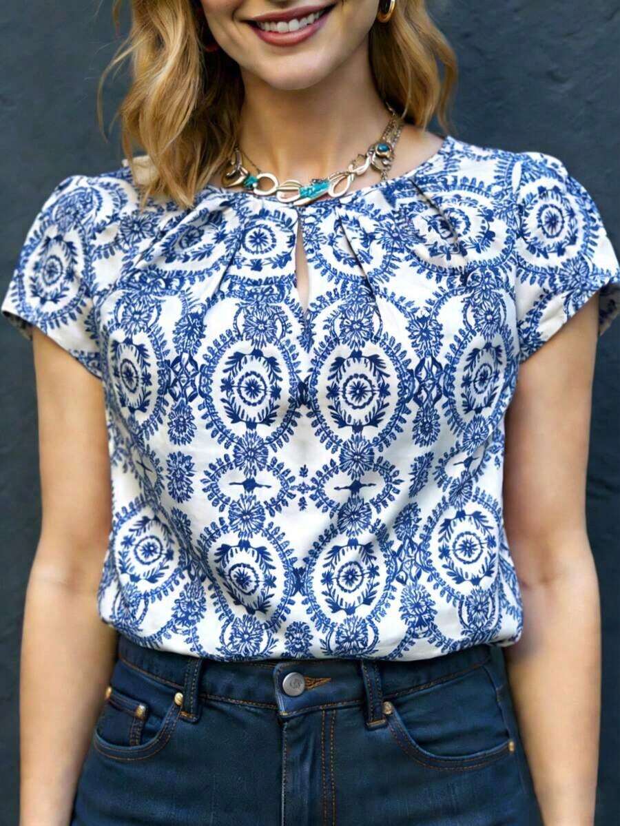 Blusa elegante con estampado de lazo para mujer, verano - Azul - Ver 1