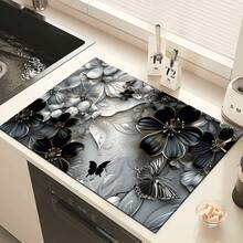 1 pieza Alfombrilla absorbente con estampado floral de metal plateado para secar platos, alfombrilla absorbente para encimera de máquina de café concentrada, alfombrilla absorbente para fregadero, alfombrilla absorbente suave para grifo, alfombrilla absorbente para taza de fregadero, accesorios de cocina y baño - Multicolor - Ver 9