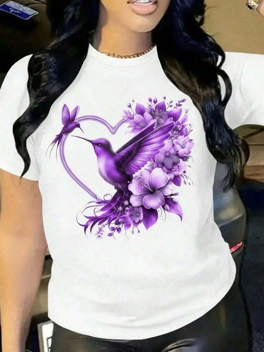 1 Pc Graphic Print Shirt, Short Sleeve Crew Neck Casual Summer And Spring Clothing For Women 1 Glitter Heart Sweet Sexy Casual Party Elegant Rhinestone None Holiday Wedding Beach Office Sporty Home Country Music Concert Lunch Travel Bachelorette Summer 210g 100% Cotton, The Patterns Are All Printed. Unisex. - 白色 - Bco12 - 查看 1