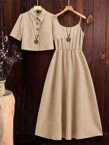 Clasi Conjunto de 2 piezas de camisa efecto denim y vestido de tirantes elegante para mujer, adecuado para ir a trabajar y múltiples ocasiones, atuendos de vacaciones de primavera, verano y playa.Conjunto de falda y blusa, conjunto de dos piezas de denim azul para Pascua. - Caqui - Ver 1