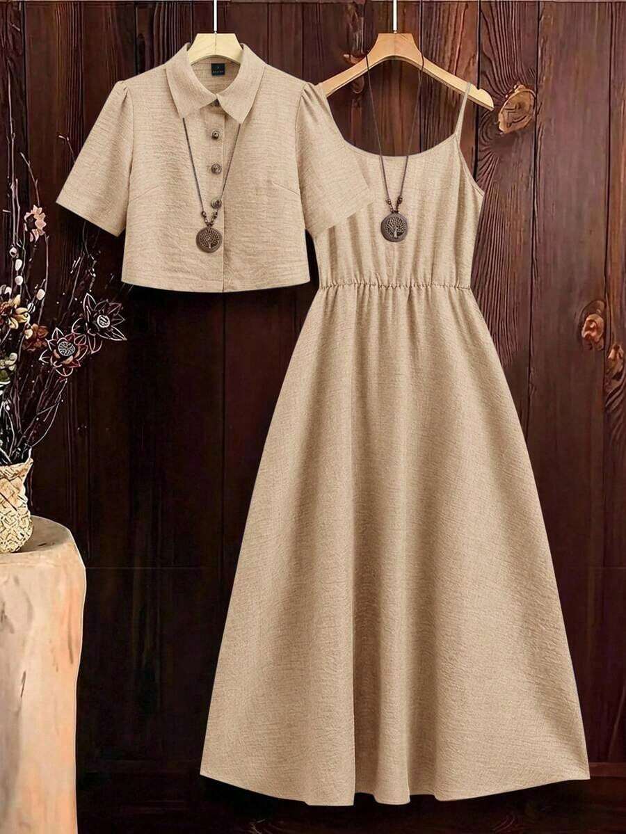 Clasi Conjunto de 2 piezas de camisa efecto denim y vestido de tirantes elegante para mujer, adecuado para ir a trabajar y múltiples ocasiones, atuendos de vacaciones de primavera, verano y playa.Conjunto de falda y blusa, conjunto de dos piezas de denim azul para Pascua. - Caqui - Ver 1