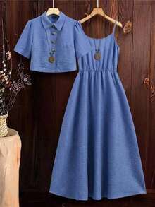 Clasi Conjunto de 2 piezas de camisa efecto denim y vestido de tirantes elegante para mujer, adecuado para ir a trabajar y múltiples ocasiones, atuendos de vacaciones de primavera, verano y playa.Conjunto de falda y blusa, conjunto de dos piezas de denim azul para Pascua. - Caqui - Ver 10