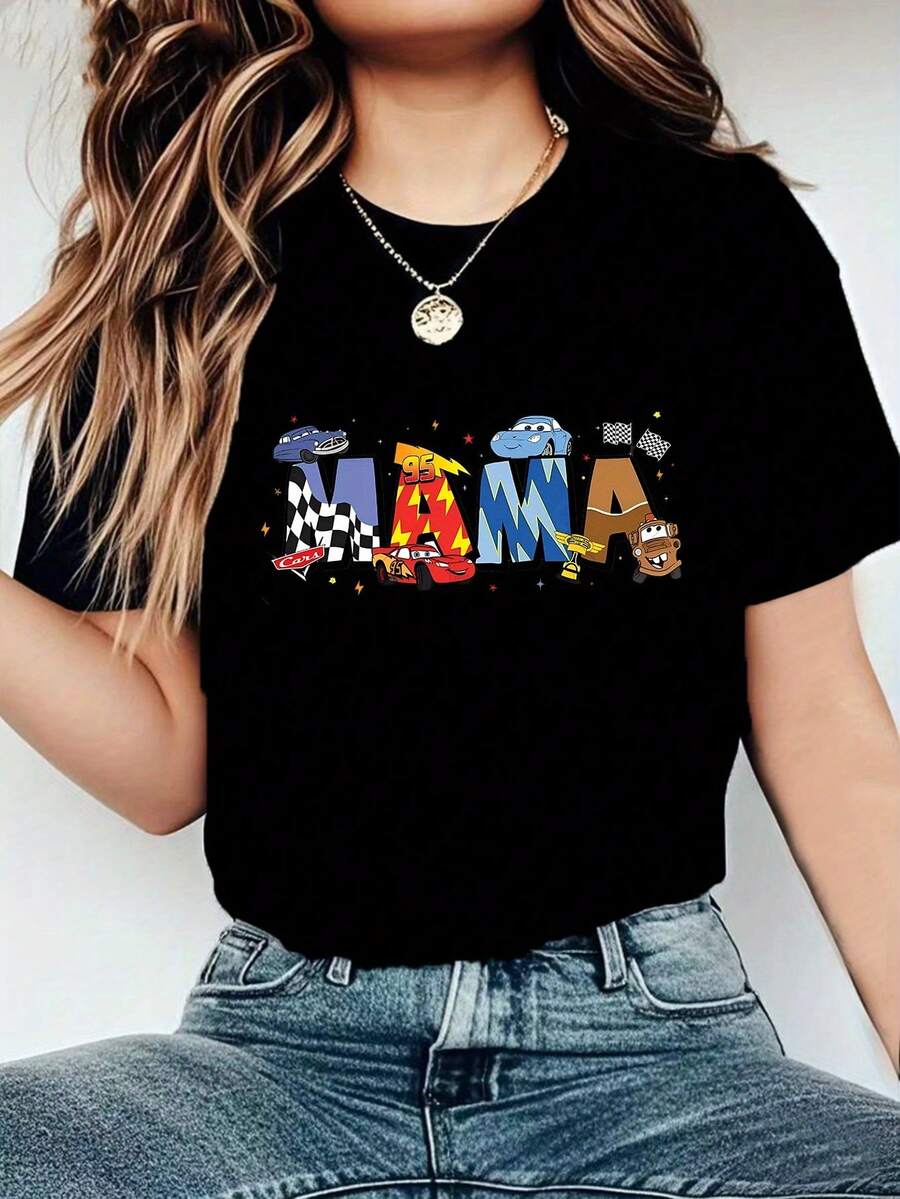 2026Camiseta gráfica casual para mujer con dibujo de MAMA - Manga corta, estilo de verano, ligera y transpirable, perfecta para regalos, reuniones familiares y ropa casual, diseño juguetón Ajuste cómodo2026 - Negro - Ver 1
