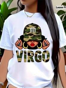 Women's Short Sleeve T-Shirt - White T-Shirt With Virgo Print Design, Casual Round Neck, Soft And Stretchy Fabric, Machine Washable, Fashionable Top For All Seasons, Modern Outfit, Eye-Catching Print T-Shirt, Comfortable Fit T-Shirt, Perfect Festival Gift, Wholesale. - 白色 - 查看 8