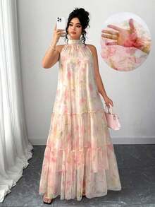 Vestido de malla floral sin mangas elegante para mujer de talla grande - Beis - Ver 11