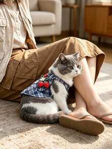 Ein Set aus blau kariertem Haustier-Geschirr-Kleid, süßes Erdbeermuster Hundegeschirr mit Halsband und Leinenschnalle, gerüschter Saum, Haustierzubehör, Katzenzubehör, Hundebekleidung, süßes Top, langanhaltend und abriebfest, biss- und kratzfest, pillingfrei, feine Verarbeitung, geeignet für langhaarige Hunde, Pudel, Bichon Frise, Französische Bulldogge, Schnauzer, Welpen und Katzen, geeignet für Spaziergänge, ganzjährig. - Verschiedenfarbig - Übersicht 4