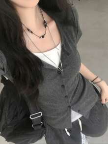 韓式簡約校園風對比色圓領修身 2 合 1 翻領短袖 T-shirt 上衣 女款休閒夏季 Clean Girl 風格 - 灰色 - 查看 2