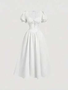 MOD Vestido elegante de longitud media con mangas cortas de pétalos y lazo delantero de unicolor para mujer - Blanco - Ver 8