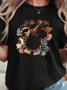 Camiseta estampada con diseño de dibujos animados transpirable, de tela suave, para verano, otoño y primavera, top de mujer con cuello redondo y tela ligeramente elástica, camisetas gráficas, ropa occidental para hombre, camisas para hombre, camisetas gráficas, ropa de mujer, tops de verano, ropa de verano, camisetas gráficas, playeras de mujer algodón,  mujer premium. - Negro - Ver 7