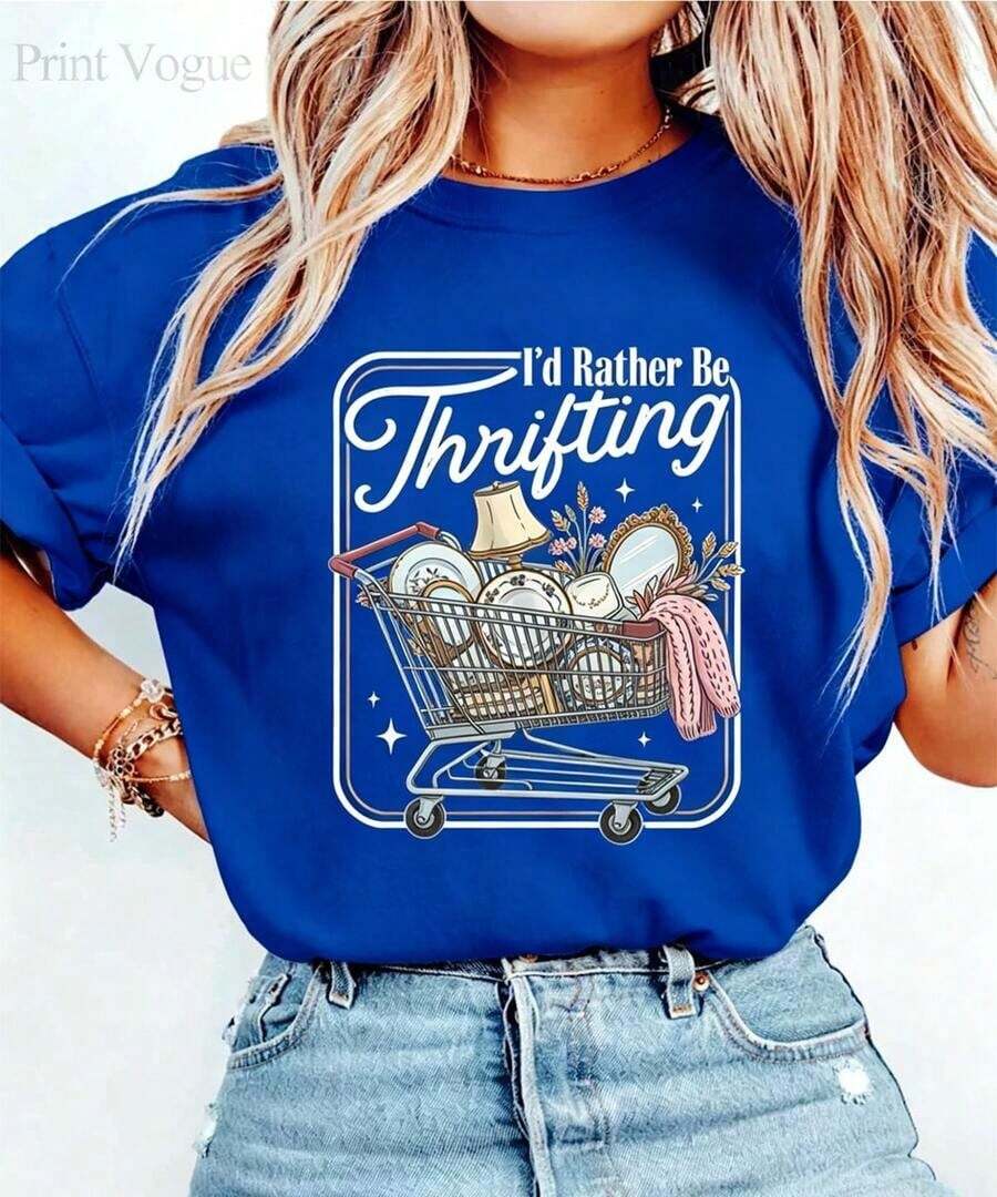 Cómodo Camiseta Estética de Tienda de Segunda Mano "Preferiría Ir de Compras en Segunda Mano" para Mujer y Unisex - Camiseta Suave, Transpirable, Casual, de Manga Corta y Cuello Redondo con Gráfico de Tienda de Segunda Mano, Regalo Ideal para Compradoras - Tops de Verano - Nuevos Conjuntos de Verano para Mujer - Conjuntos de Vacaciones para Mujer, playeras de mujer algodon, blusa casual mujer, mujer - Azul - Ver 1