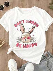 Camiseta PremiumEaster para Mujer, Tallas Grandes, con Estampado de Conejito Lindo con Corazón y Símbolos de Paz, con la Frase 'Don't Worry Be Hoppy', Manga Corta, Camiseta Gráfica Linda, Tops Casuales para Uso Diario, para Caza y Primavera, Top Festivo para Mujer, Idea de Ropa de Verano, Conjuntos Casuales de Verano para Mujer, Transpirable para Uso Diario. Camiseta de cuello redondo y corte holgado, ecológica - Blanco - Ver 2