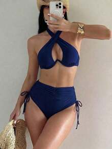 Conjunto de bikini de cuello halter de unicolor con aros para mujer, adecuado para vacaciones de verano - Azul marino - Ver 3