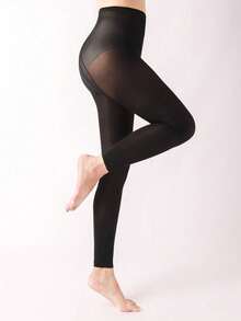 Black High Waist Cropped Length Stirrup Tights - Black - View 8
